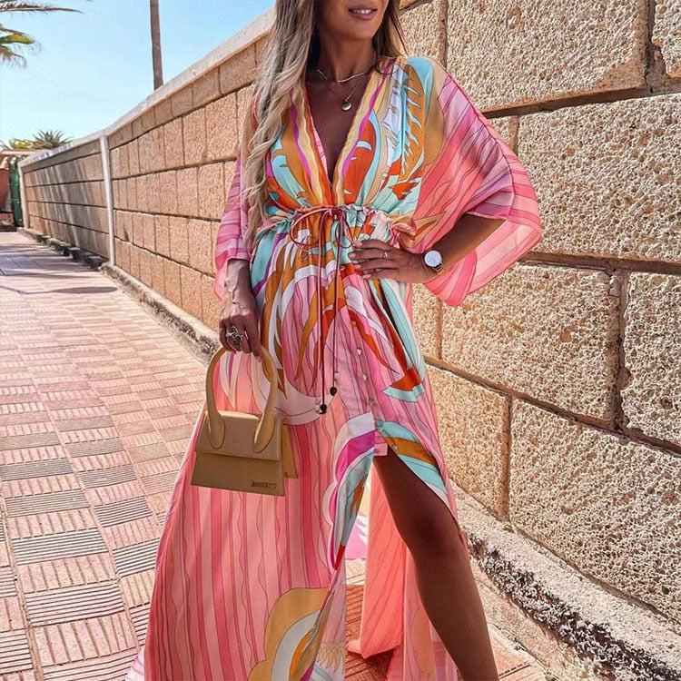 Fitshinling Print Oversized Beach Cover Up Bohemian Loose Long Cardigan