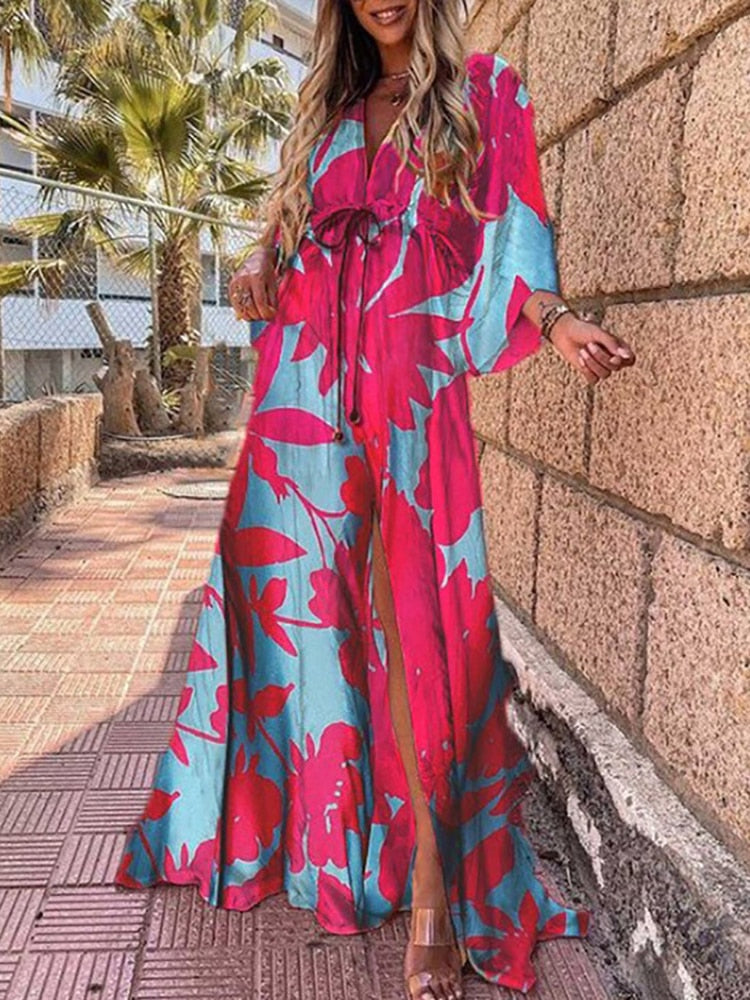 Fitshinling Print Oversized Beach Cover Up Bohemian Loose Long Cardigan