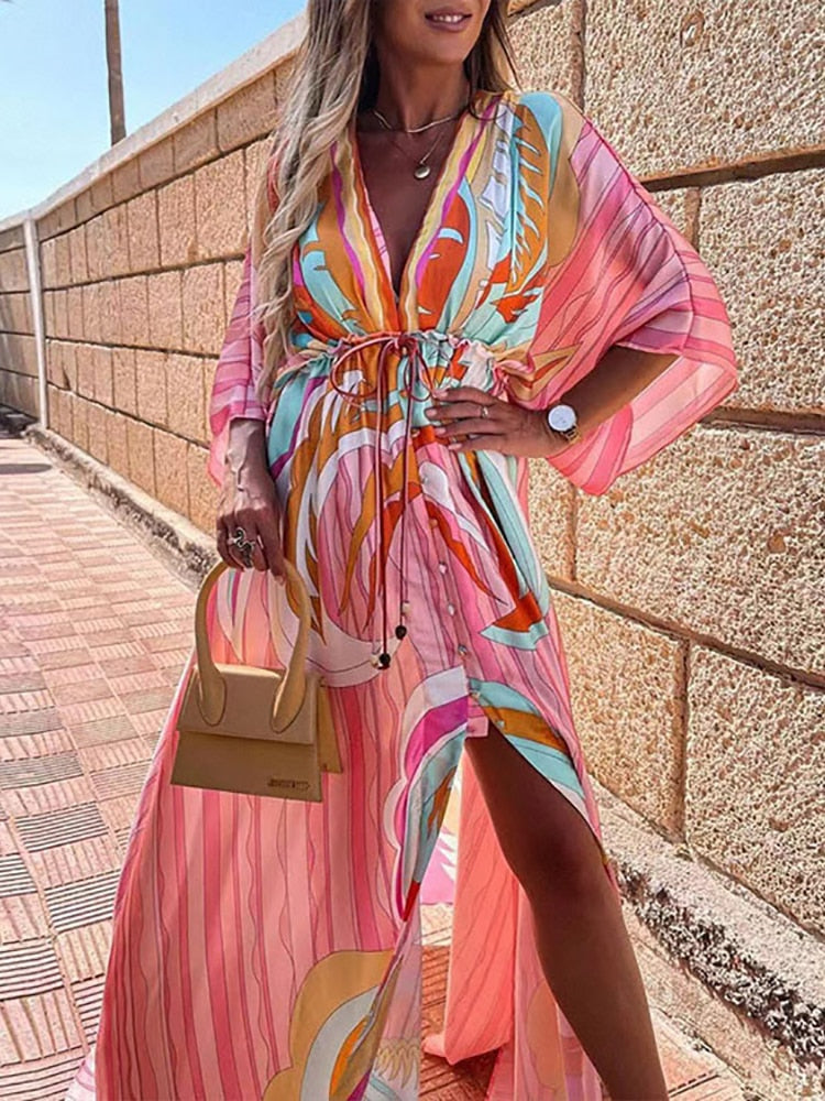 Fitshinling Print Oversized Beach Cover Up Bohemian Loose Long Cardigan