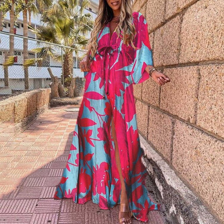 Fitshinling Print Oversized Beach Cover Up Bohemian Loose Long Cardigan